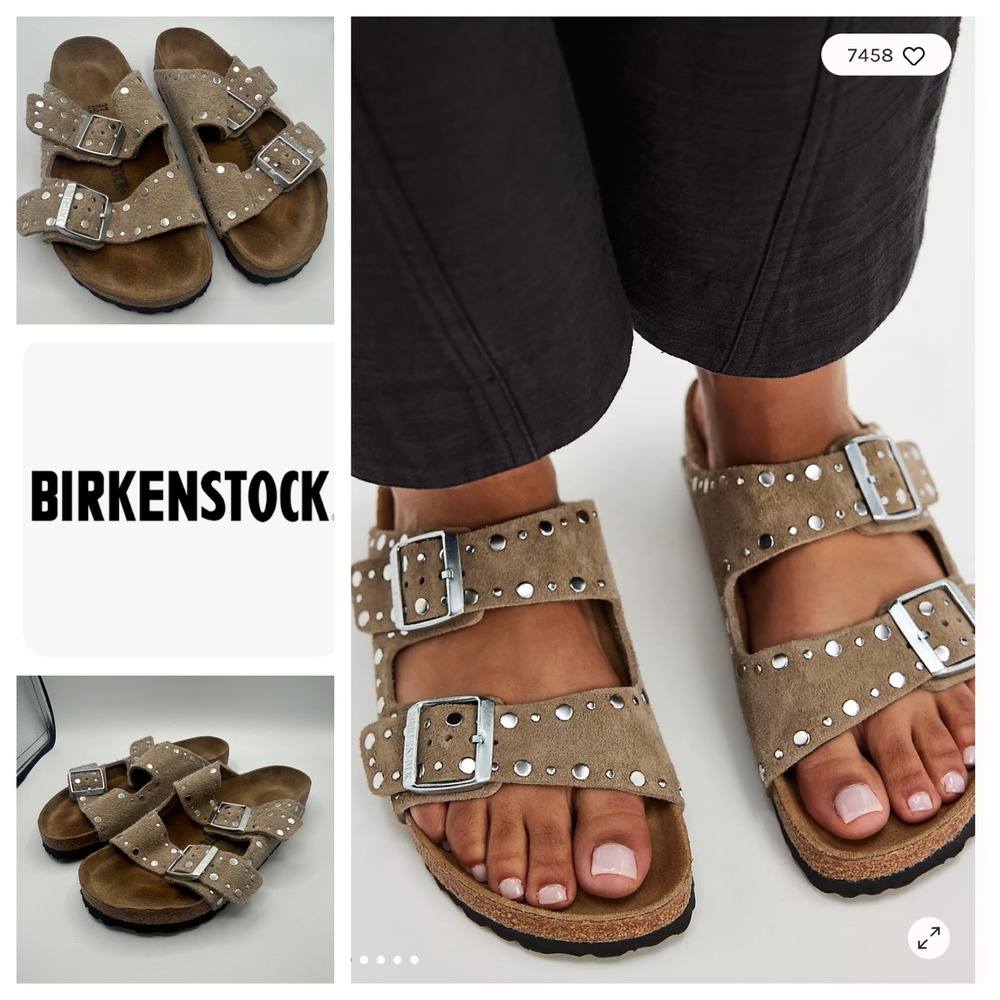 Birkenstock Arizona Rivets Suede Studded Sandals Taupe Brown 37 L6 M4